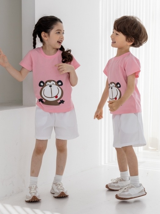 어린이집 유치원 단체 반팔 캠프티 티셔츠 원숭이 10장 핑크